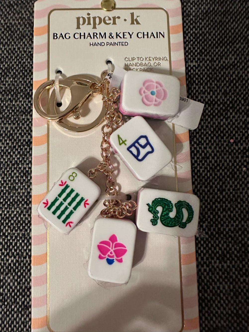 New Piper K Pink & White Mahjong Tile Bag Charm Key Chain